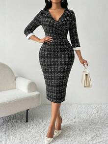 SHEIN Lady Women's Elegant Wrap Surplice Neckline Fitted Split Midi Dress - Multicolor - View 1