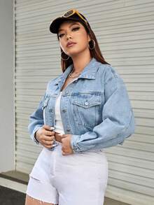 SHEIN EZwear 加碼洗水長袖牛仔外套 - 淺色水洗藍 - 查看 5