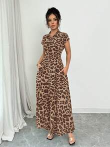 Rafferiza Đầm nữ thanh lịch họa tiết da báo, cổ bẻ, tay ngắn, cài cúc, eo. - Lạc đà - Xem 4