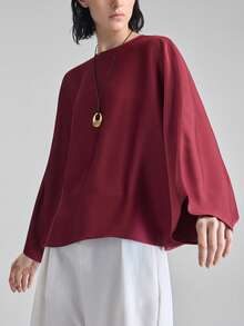 Ontre 夏季新款复古红色圆领插肩袖蝙蝠袖宽松上衣，修身百搭，适合夏季穿着 - 中紫紅色 - 查看 5