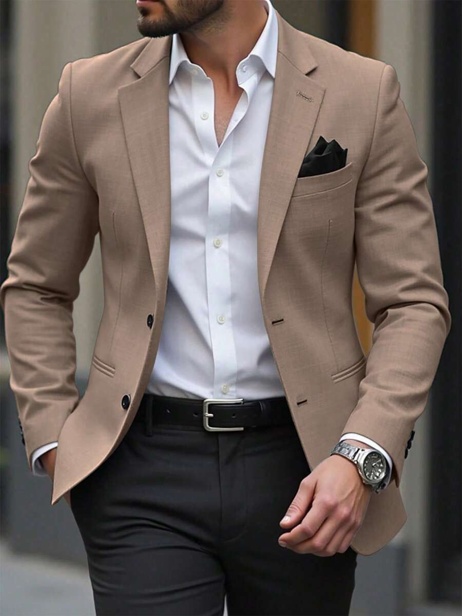 Manfinity Mode Áo blazer nam dáng suông, có túi, họa tiết chấm bi, một hàng khuy. - Màu Khaki - Xem 1