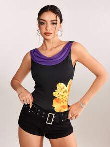 plantica Casual Sexy Urban Chic Floral Contrast Color Print Draped Neck Camisole Top, Suitable For Outings, Travel, Dates, Parties, Holidays, Valentine's Day, Spring/Summer,Going Out,Sexy, Elegant,, Wedding Guest, Music Festival, Musician, Night Club - Multicolor - View 3
