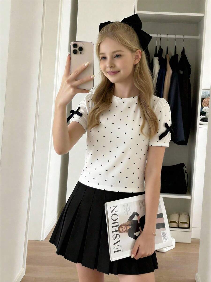 SHEIN Girls Elegant All-Match Versatile Crew Neck Short Sleeve Knit T-Shirt + Woven Pleated Skirt 2-Piece Set - Black - View 1