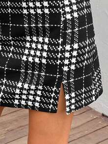 SHEIN LUNE Small Slit A-Line Skirt, Retro Houndstooth Print, Casual Office Elegant Street Wear Women Skirt Birthday Outfits For Women - Black and White - View 7