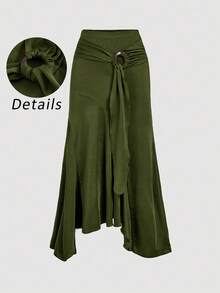 SHEIN MOD Plus Size High Waist Ruffle Asymmetrical Hem Skirt Army Green Midi Skirt Tie Skirt Wrap Skirt Asymmetrical Skirt Army Green Tie Skirt - Army Green - View 1