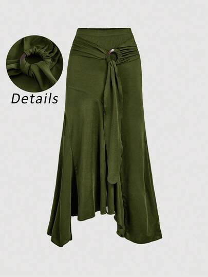 SHEIN MOD Plus Size High Waist Ruffle Asymmetrical Hem Skirt Army Green Midi Skirt Tie Skirt Wrap Skirt Asymmetrical Skirt Army Green Tie Skirt