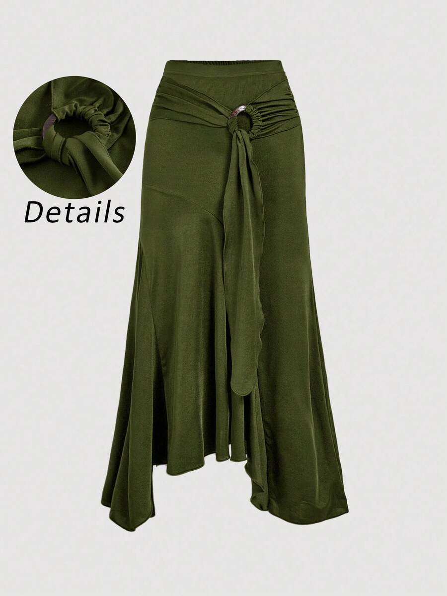 SHEIN MOD Plus Size High Waist Ruffle Asymmetrical Hem Skirt Army Green Midi Skirt Tie Skirt Wrap Skirt Asymmetrical Skirt Army Green Tie Skirt - Army Green - View 1