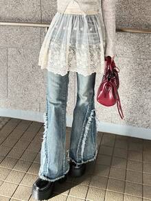 FRIFUL 女款純色蕾絲刺繡透視優雅時尚校園風裙 - 杏色 - 查看 2