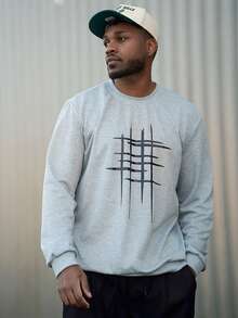 Heavens Edit Men's Abstract Line Pattern Print Crew Neck Sweatshirt, Street Style, Autumn/Winter, Long Sleeve Top - Grey - View 3