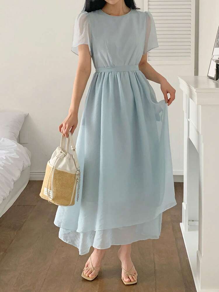 Women's Blue Mesh Double Layer Cinched Waist Mid-Length Dress Summer Sundress