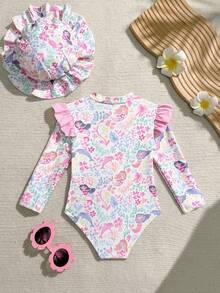 女婴沙滩装，女婴连体泳衣，采用可爱的粉色卡通美人鱼和花卉印花，针织面料制成。这款长袖泳衣带有荷叶边细节，并配有同款帽子。时尚、休闲、精致、优雅，非常适合游泳、夏季度假、海滩之旅、泳池派对和暑假活动。 - 粉色 - 查看 3