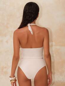 Swim Chiccia 2pcs Elegant Solid Color Ribbed Halter Neck Swimwear Top And High Waist Bikini Bottom Set - Multicolor - View 2