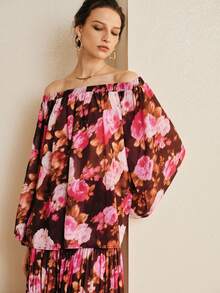 Arave 女士雪纺H型露肩浪漫印花优雅上衣 - 紅色 - 查看 2