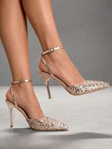 CUCCOO SZL Women's Fashionable Elegant Commuter Pointed Toe High Heels With Sequins - Champagne - View 3