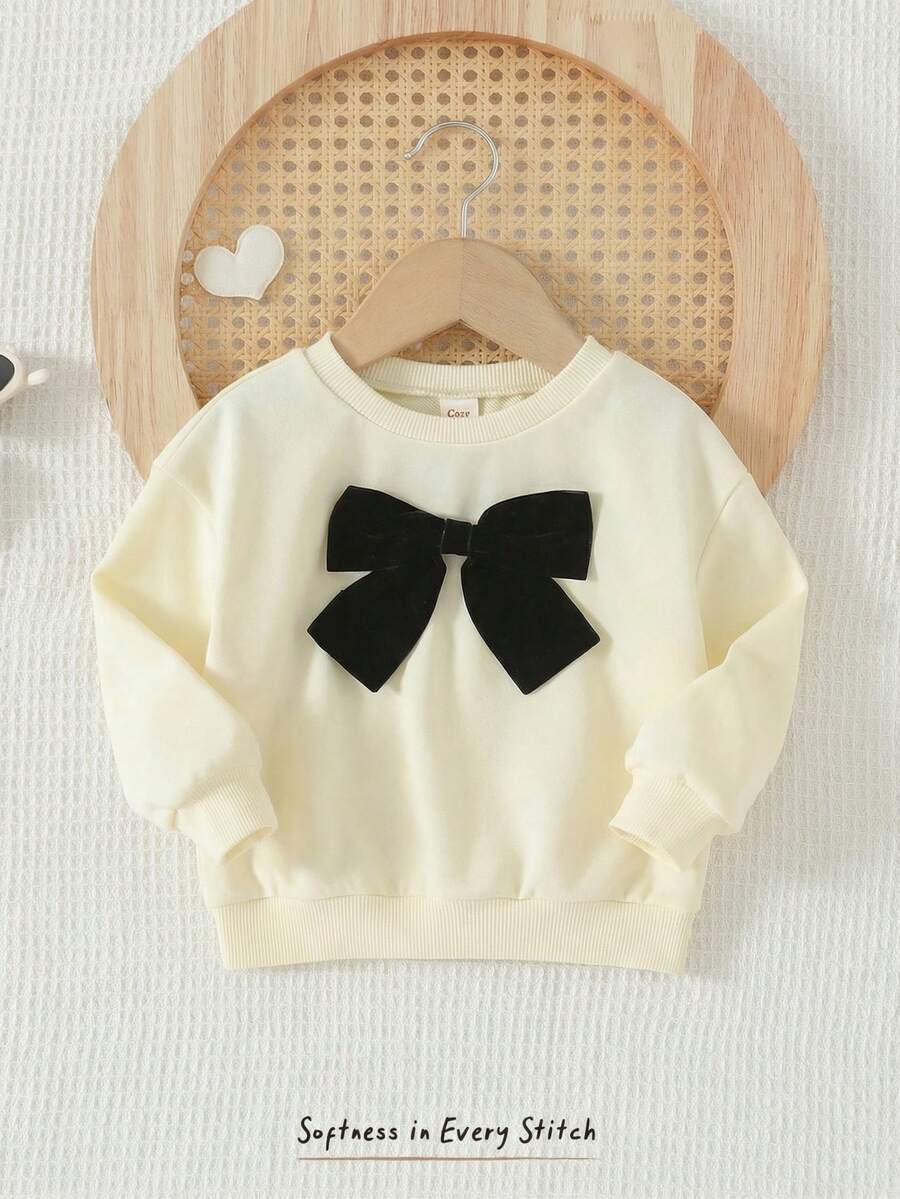 Cozy Pixies 女婴爱心图案针织柔软圆领长袖套头卫衣 - 杏色 - 查看 1