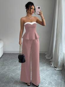 Elenzga 女士优雅两件套：荷叶边抹胸上衣和阔腿裤 - 藕粉色 - 查看 5