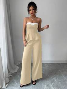 Elenzga Women's Elegant 2 Pieces Set: Ruffle Hem Bandeau Top And Wide Leg Pants - Light Yellow - View 5