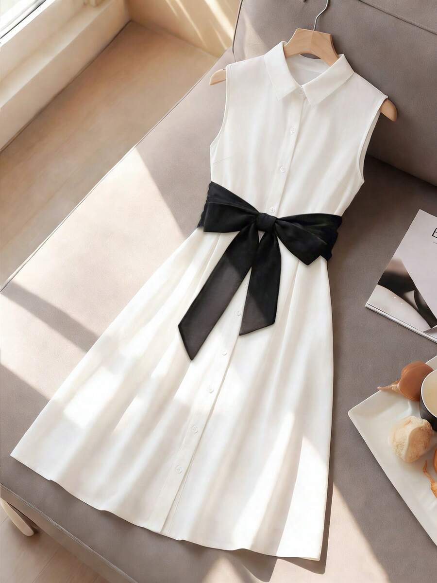 GlowEve Women's Casual Sleeveless Front Button Dress, Summer - White - View 1