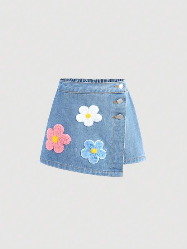 SHEIN Young Girl' Colorful Floral Embroidered Pattern Blue Denim Skirt Shorts,Kid Girls Spring And Summer Casual Vacation Country Boho Wear, Beach Outfits For Kid Girls, Western Street Wear For Girl, Spring Break Outfits, Rave Outfits Festival Denim Shorts