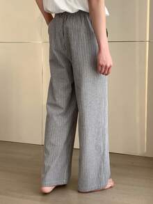 DAZY Pantalones de estar por casa con cintura elástica a rayas grises para hombres, primavera/verano - Gris - Ver 2