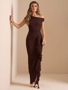 SHEIN BAE Đầm màu trơn thanh lịch màu xanh lá cây và xanh rêu nhạt, tay áo xếp ly, vạt bất đối xứng, xẻ cao, vai nhún bèo. Đầm ôm sát bằng ren sang trọng dành cho nữ, thích hợp dự tiệc, hẹn hò lãng mạn, đầm ngắn cho phù dâu, đầm dạ hội, đầm ngắn sinh nhật. - Cà phê nâu - Xem 4