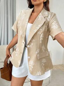 Vionelle 大码女式法式休闲优雅刺绣印花西装外套，女士度假短袖西装外套，夏季款 - 杏色 - 查看 4