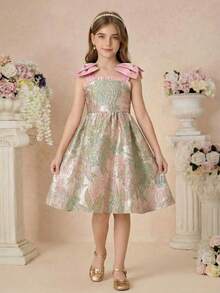 SHEIN 少女串珠肩部蝴蝶结露背蝴蝶提花无袖连衣裙 - 粉色 - 查看 2