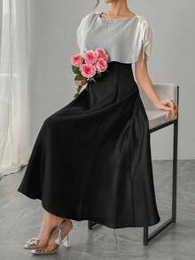 DAZY Women's Round Neck Mesh Shawl Patchwork Elegant Waist Cinched Long Party Dress - Black - View 2