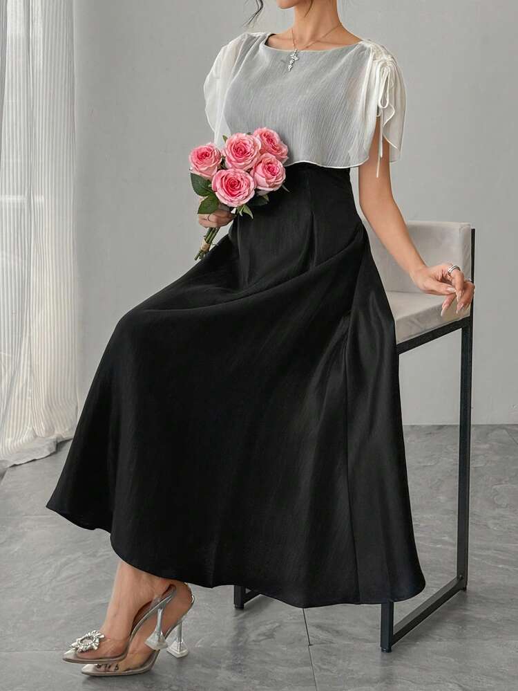 Women's Round Neck Mesh Shawl Patchwork Elegant Waist Cinched Long Party Dress Sundress