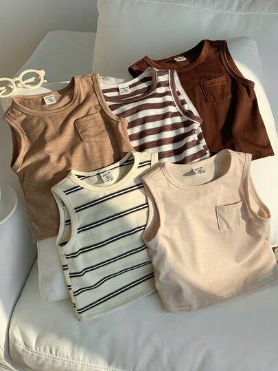 SHEIN 5件套男女宝宝夏季可爱百搭针织条纹背心，多色百搭背心套装