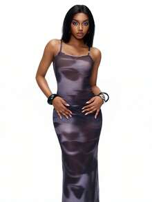 TypaGal Y2K Sexy Summer Black Stylish Chic Bold Modern Women's Fashion Carnival Party Beach Vacation Street Casual  Face Print Fashion Mesh Bodycon Spaghetti Strap Dress - Black and White - View 6