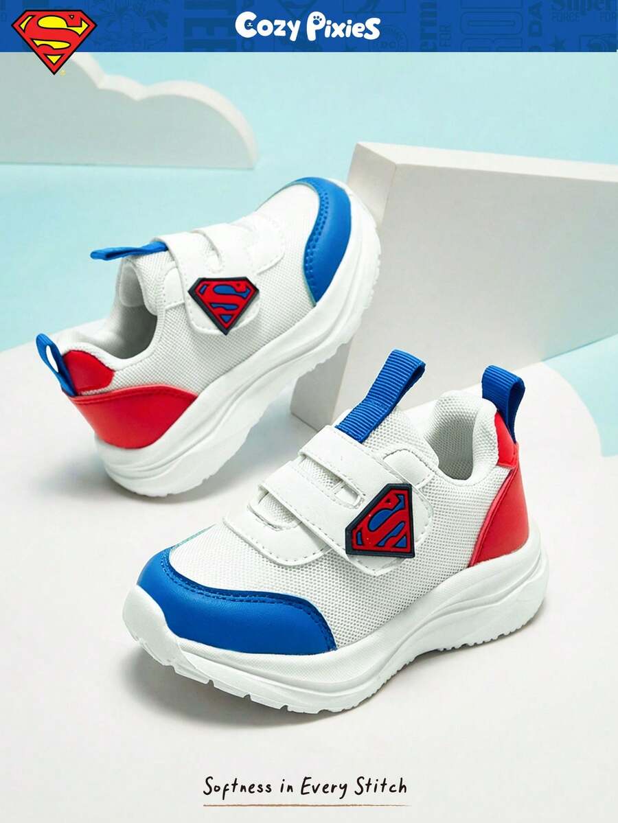 SUPERMAN X Cozy Pixies 1 双秋季简约时尚百搭软底防滑平底 DC 超级英雄设计婴儿休闲鞋，开学季 - 藍色 - 查看 1