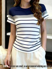SHEIN Women's Outdoor Tops, Summer New Arrival, Patterned Design, Multicolor Striped, White, Navy, Outdoor Wear, Fitted Ruched Waist T-Shirt, Women's T-Shirt - Multicolor - View 5