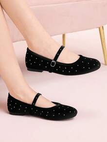 CUCCOO DOLLMOD Round Toe Low Vamp Buckle, Soft Sole Shoes, Women's French Retro Slip-On, Riveted Grandma Shoes, Women's Fashion Outer Wear Versatile Mary Jane Ballet Shoes Valentine's Day - Black - View 1