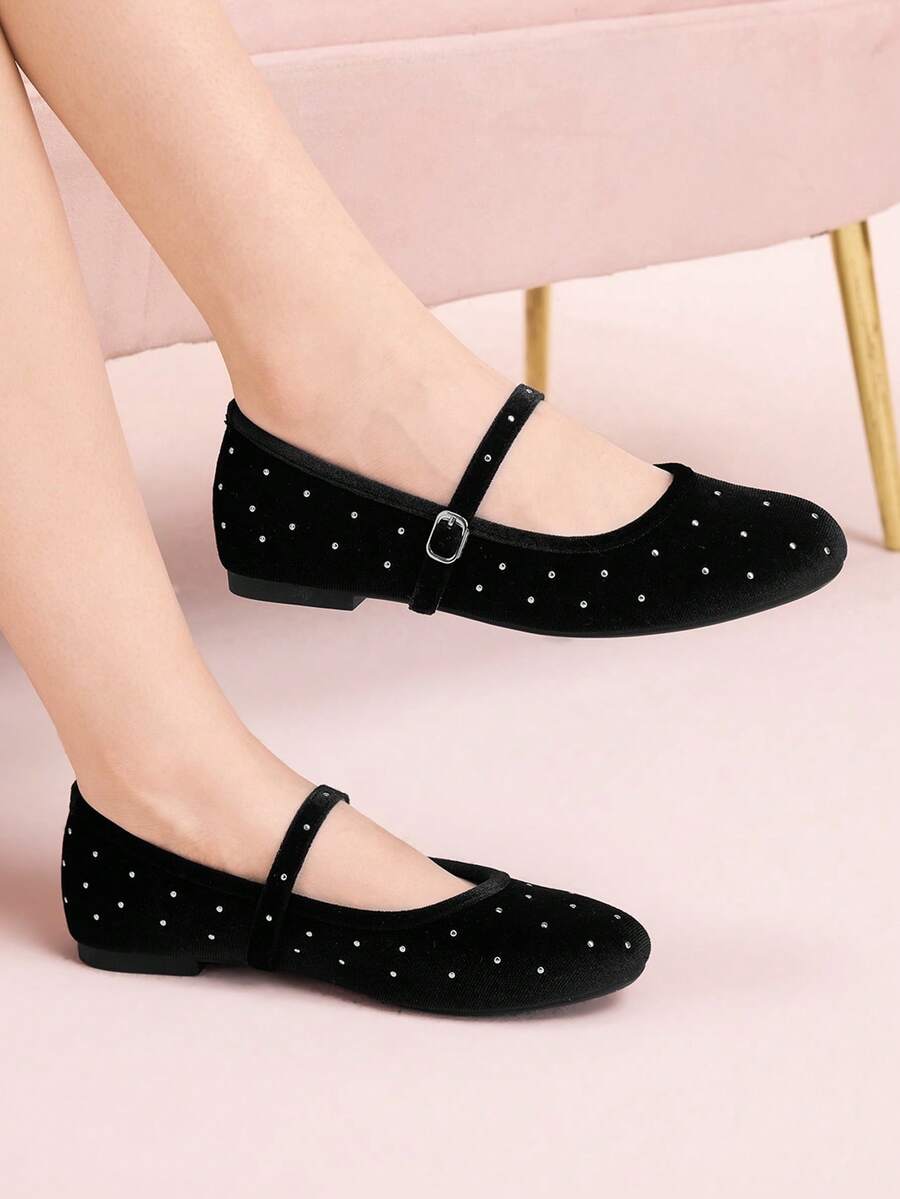 CUCCOO DOLLMOD Round Toe Low Vamp Buckle, Soft Sole Shoes, Women's French Retro Slip-On, Riveted Grandma Shoes, Women's Fashion Outer Wear Versatile Mary Jane Ballet Shoes Valentine's Day - Black - View 1