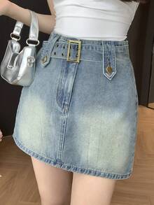 DAZY 女士休闲水洗腰带牛仔A字裙，春夏款 - 中等水洗藍 - 查看 9