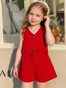 2pcs Baby Girls' Red Bow Button Vest & Shorts Set, Summer Children Fashion Commuter Style Outfit Toddler Girl Red Outfit - Red - View 9