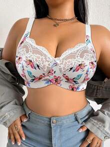 DesireSculpt 1pc Plus Size Lace Patchwork Wireless Bra - Multicolor - View 6