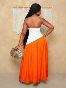 BamGleam 女士度假撞色侧开衩下摆时尚无肩带连衣裙 - 橘色 - 查看 2