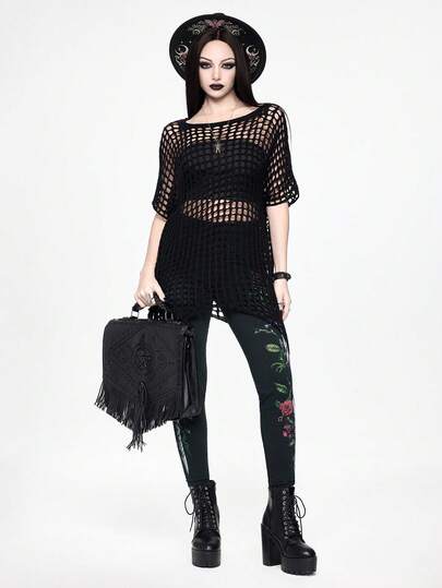 ROMWE Goth Black Hollow Out Fishnet Knit Sweater For Women, Punk Style Loose Mid-Length Batwing Sleeve Cover Up, Irregular Hem For Beach Vacation, Layering Top