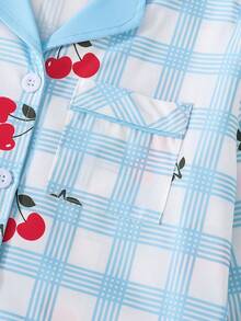 Sparklyn 学院风睡衣套装,浅蓝色格子图案,樱桃印花,翻领开衫,长袖上衣和长裤,甜美少女休闲家居服两件套。 - 藍色 - 查看 8