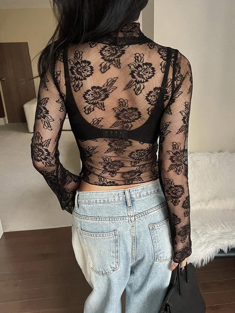 DAZY Women's Fashionable Sexy Sheer Lace Blouse,Going Out Tops For Women - Black - View 6