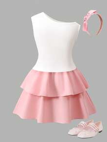 SHEIN 少女碎花针织露肩上衣和百褶裙两件套，优雅时尚的青少年服装，适合派对、圣诞节、情人节、约会、海滩、邮轮、狂欢节、复活节和其他夏季场合。 - 粉色 - 查看 2