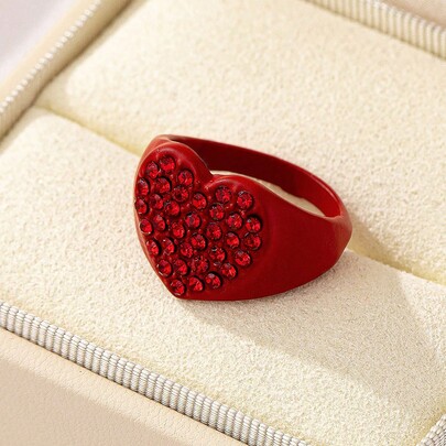 1pc Casual & Sweet Red Heart Rhinestone Decorated Ring, Suitable For Women To Wear Everyday, Work, Social Events, Valentine's Day Jewelry Gift,Mom,Mot