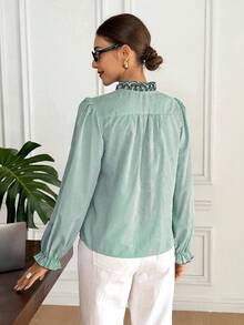 Serisse 女士条纹长袖休闲宽松纽扣衬衫 - 綠色 - 查看 2