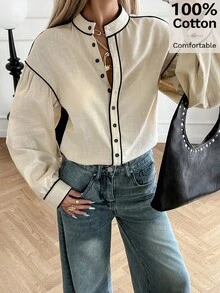 Siren Gaze 女式撞色镶边长袖衬衫，立领棉质上衣，秋季 - 杏色 - 查看 5