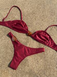 Swim Basics 2件套纯色石纹装饰优雅女士泳装套装，春夏款 - 酒紅色 - 查看 6
