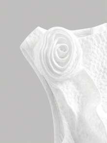 SHEIN Girlism 少女白色纯色针织纹理休闲优雅法式荷叶边3D立体花朵装饰褶皱不对称圆领无袖修身短连衣裙，公主裙，新年派对，春季郊游，日常穿着，女童白色连衣裙，母女套装，婚礼季，花童，聚会 - 白色 - 查看 3