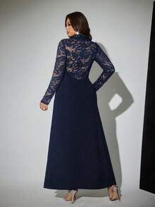 Viva Relle Plus Size Women's Elegant Romantic Sexy Lace Backless Blazer Collar Fitted Split Dress, For Party And Occasions - Navy Blue - View 2