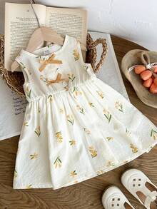 SHEIN 女婴休闲碎花连衣裙，饰有蝴蝶结，适合春夏季节、居家、户外、度假、日常穿着 - 彩色 - 查看 6